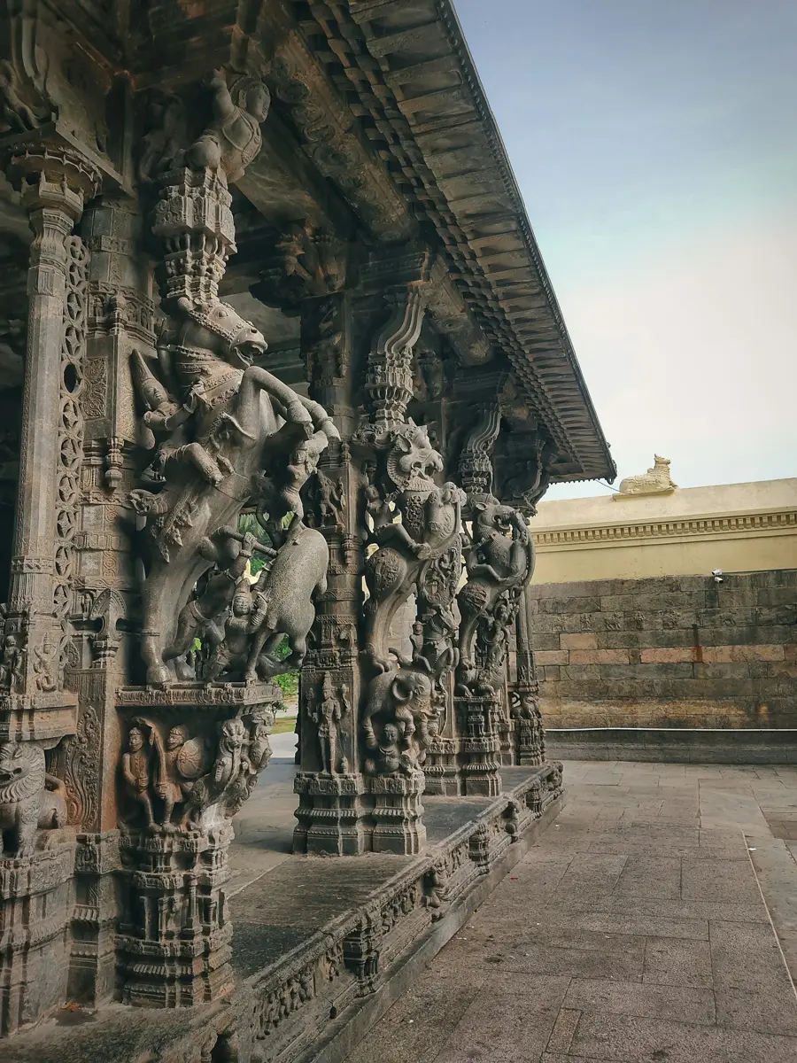 Carved musical pillars of an ancient temple mandapa